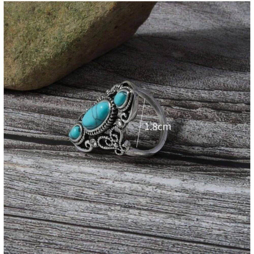 Boho Vintage Style Turquoise Stone Carved Fashion Ring Size 8 Silver Blue A0135 - Picture 11 of 15
